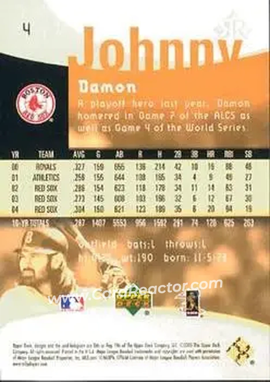 2005 Upper Deck Reflections #4 - Johnny Damon - Boston Red Sox - Back 2005 Upper Deck Reflections #4 - Johnny Damon - Boston Red Sox - Back