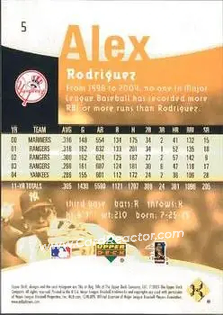 2005 Upper Deck Reflections #5 - Alex Rodriguez - New York Yankees - Back