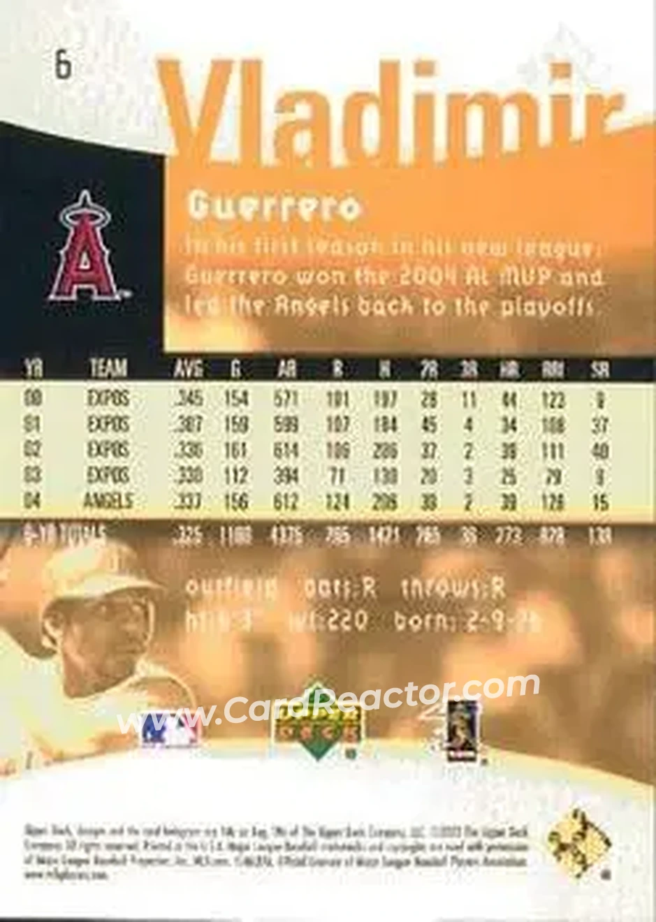 2005 Upper Deck Reflections #6 - Vladimir Guerrero - Los Angeles Angels - Back