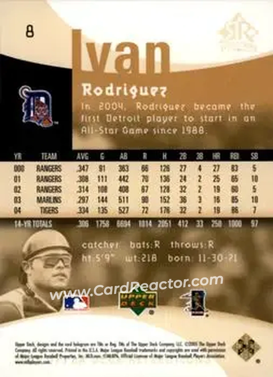 2005 Upper Deck Reflections #8 - Ivan Rodriguez - Detroit Tigers - Back 2005 Upper Deck Reflections #8 - Ivan Rodriguez - Detroit Tigers - Back