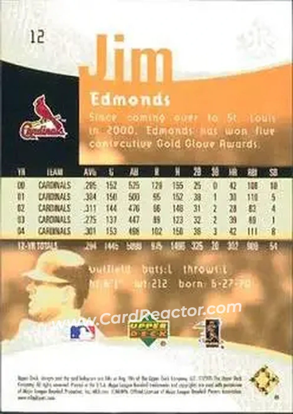 2005 Upper Deck Reflections #12 - Jim Edmonds - St. Louis Cardinals - Back 2005 Upper Deck Reflections #12 - Jim Edmonds - St. Louis Cardinals - Back