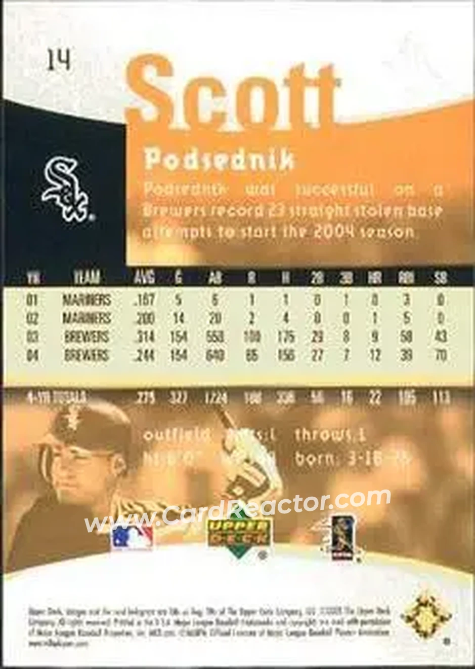 2005 Upper Deck Reflections #14 - Scott Podsednik - Chicago White Sox - Back