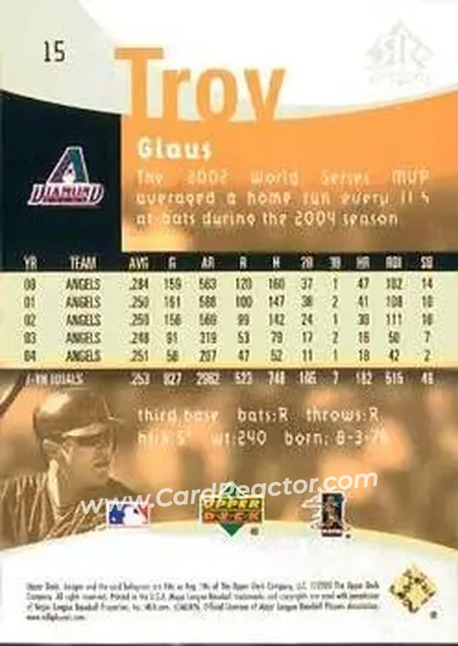2005 Upper Deck Reflections #15 - Troy Glaus - Arizona Diamondbacks - Back