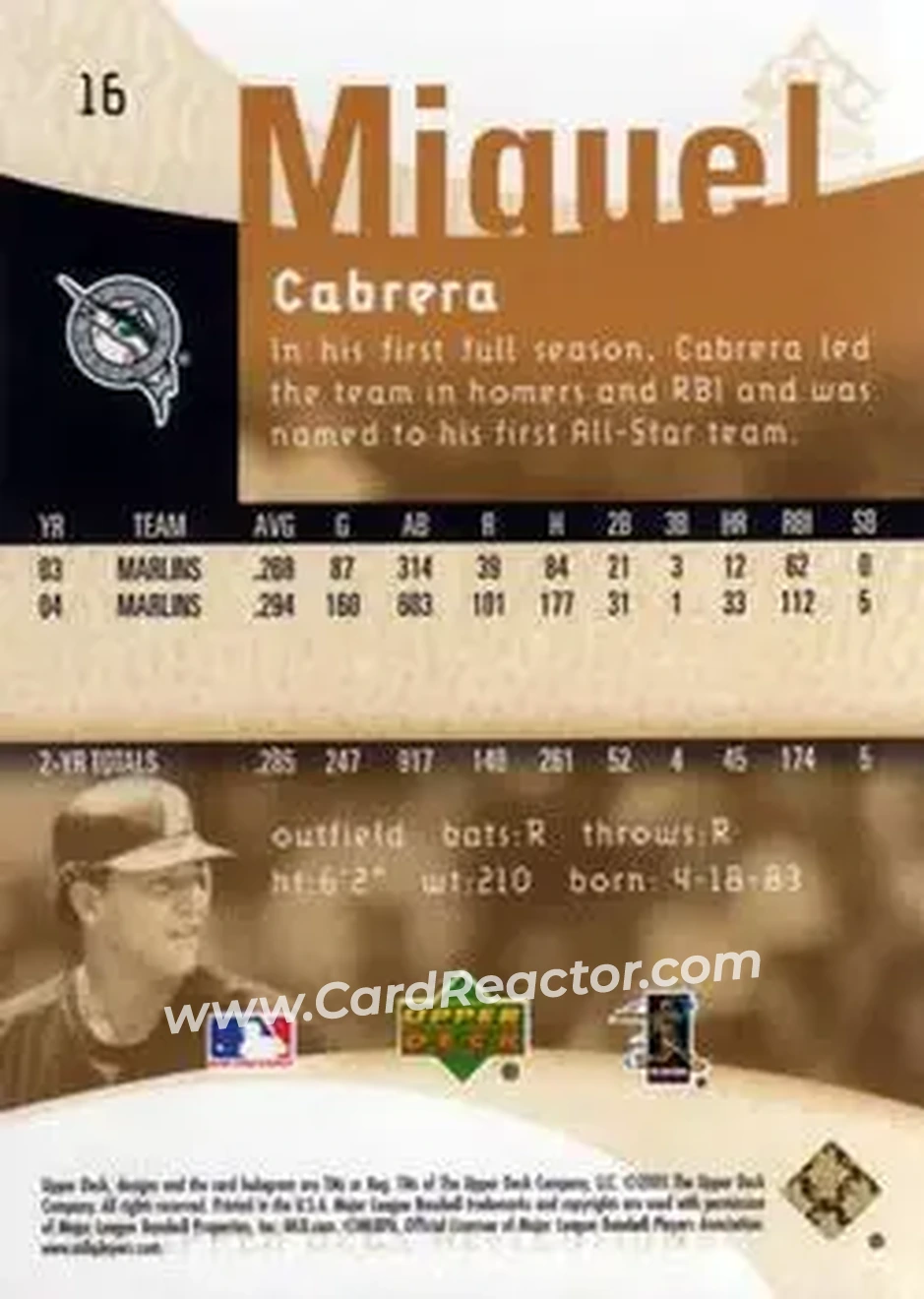 2005 Upper Deck Reflections #16 - Miguel Cabrera - Florida Marlins - Back 2005 Upper Deck Reflections #16 - Miguel Cabrera - Florida Marlins - Back