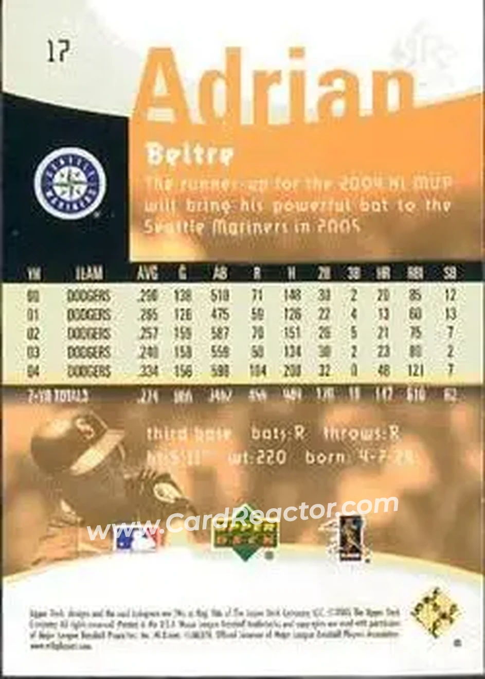 2005 Upper Deck Reflections #17 - Adrian Beltré - Seattle Mariners - Back 2005 Upper Deck Reflections #17 - Adrian Beltré - Seattle Mariners - Back