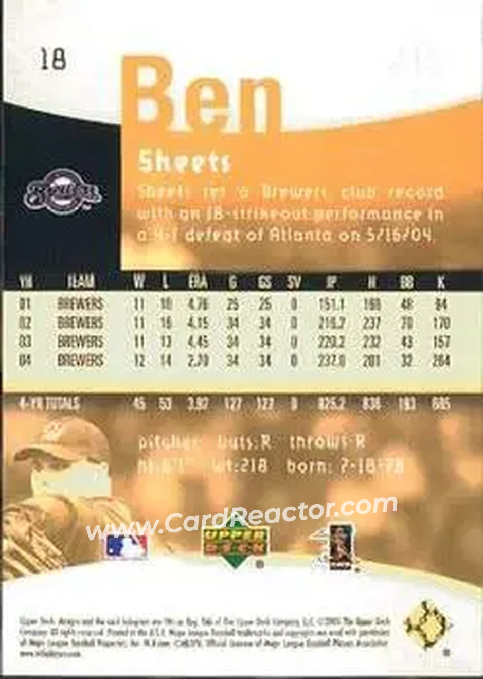 2005 Upper Deck Reflections #18 - Ben Sheets - Milwaukee Brewers - Back 2005 Upper Deck Reflections #18 - Ben Sheets - Milwaukee Brewers - Back