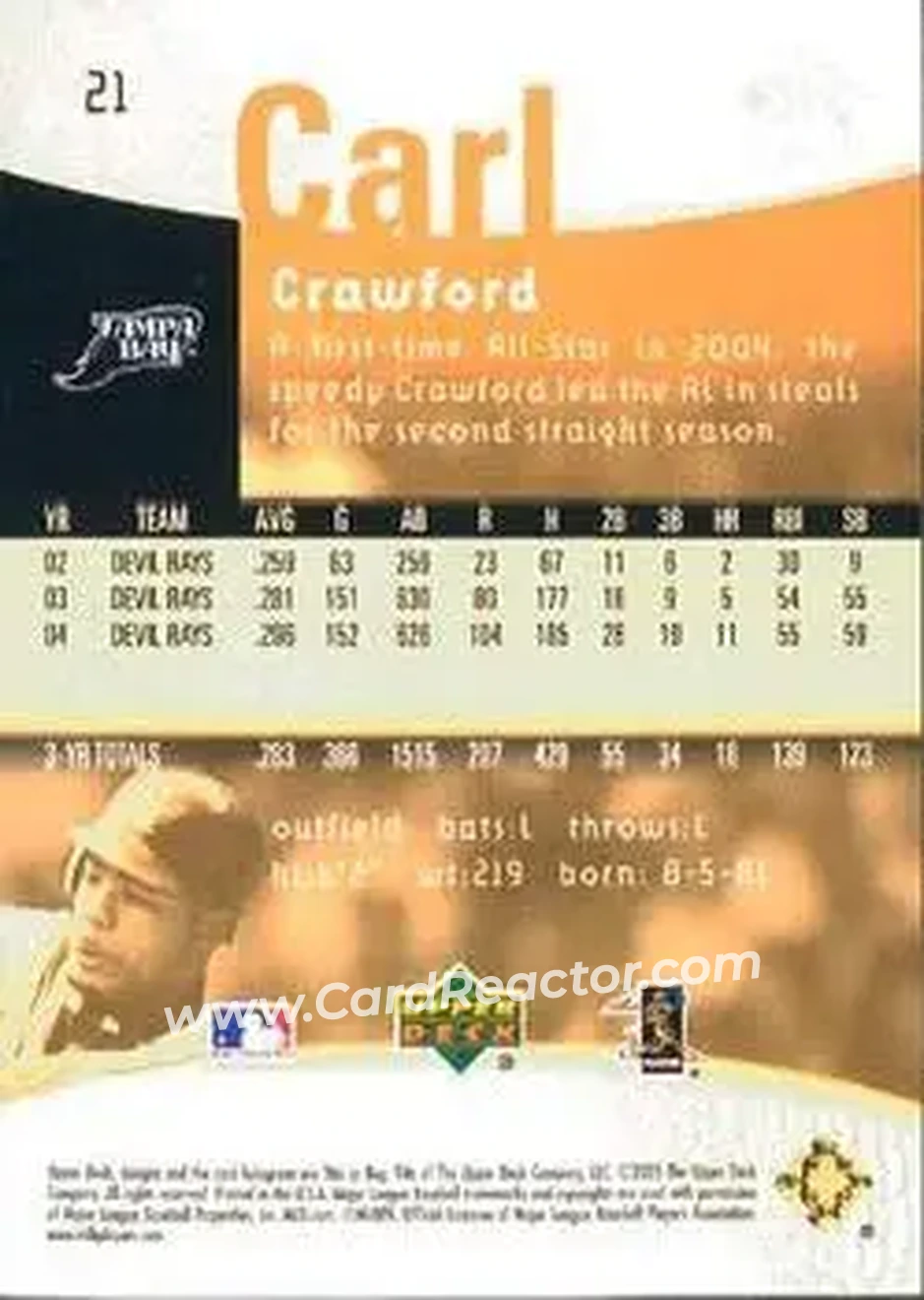 2005 Upper Deck Reflections #21 - Carl Crawford - Tampa Bay Devil Rays - Back 2005 Upper Deck Reflections #21 - Carl Crawford - Tampa Bay Devil Rays - Back