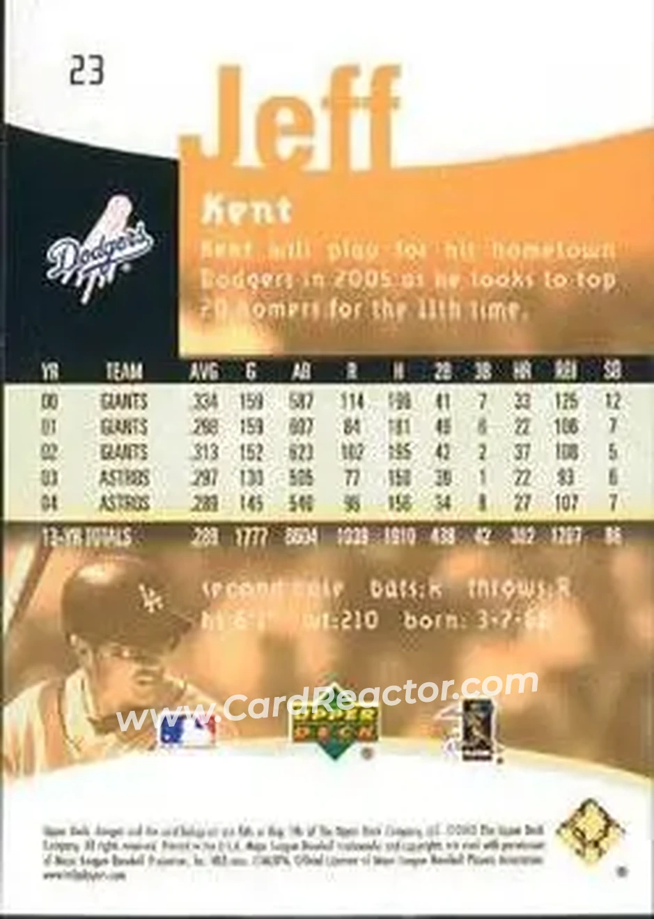2005 Upper Deck Reflections #23 - Jeff Kent - Los Angeles Dodgers - Back 2005 Upper Deck Reflections #23 - Jeff Kent - Los Angeles Dodgers - Back