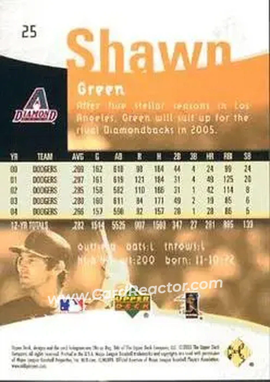 2005 Upper Deck Reflections #25 - Shawn Green - Arizona Diamondbacks - Back