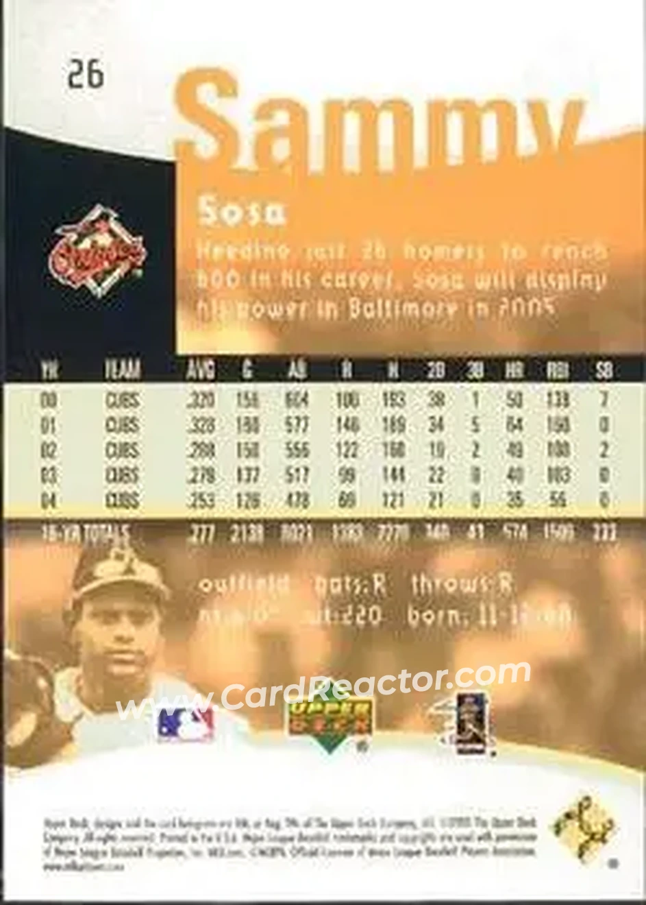 2005 Upper Deck Reflections #26 - Sammy Sosa - Baltimore Orioles - Back