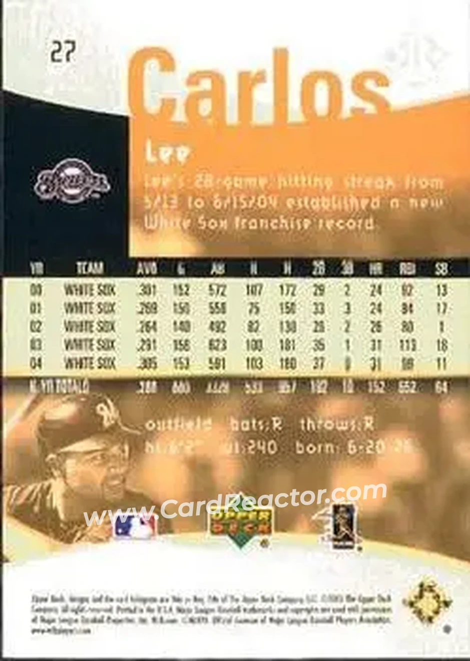 2005 Upper Deck Reflections #27 - Carlos Lee - Milwaukee Brewers - Back