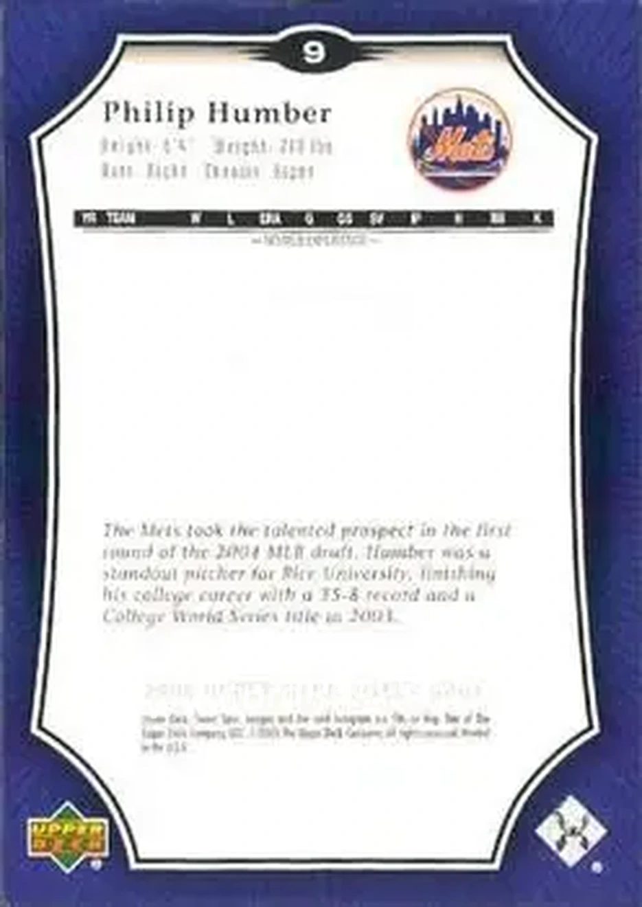 2005 Upper Deck Sweet Spot #9 - Philip Humber - New York Mets - Back