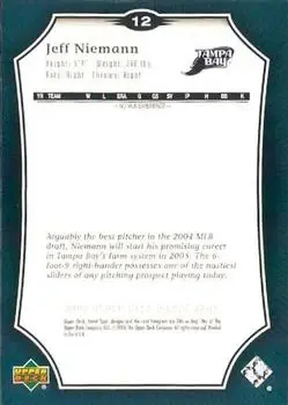 2005 Upper Deck Sweet Spot #12 - Jeff Niemann - Tampa Bay Devil Rays - Back