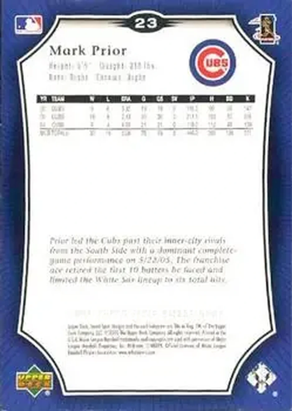2005 Upper Deck Sweet Spot #23 - Mark Prior - Chicago Cubs - Back
