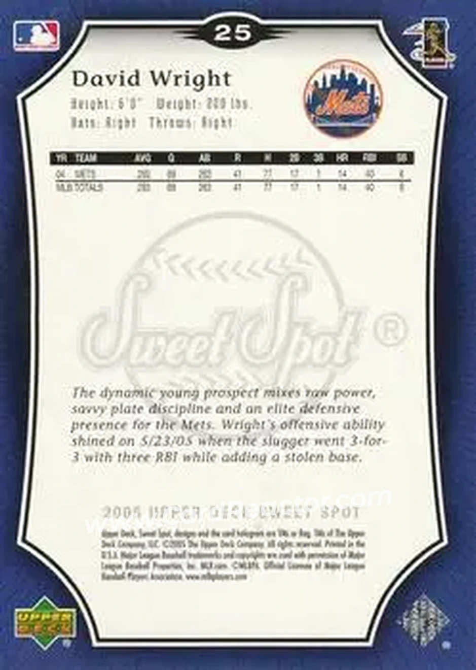 2005 Upper Deck Sweet Spot #25 - David Wright - New York Mets - Back 2005 Upper Deck Sweet Spot #25 - David Wright - New York Mets - Back
