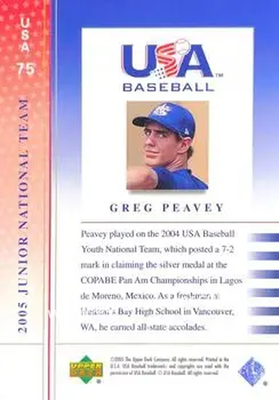 2005 Upper Deck USA Baseball Junior National Team #USA 75 - Greg Peavey - USA - Back