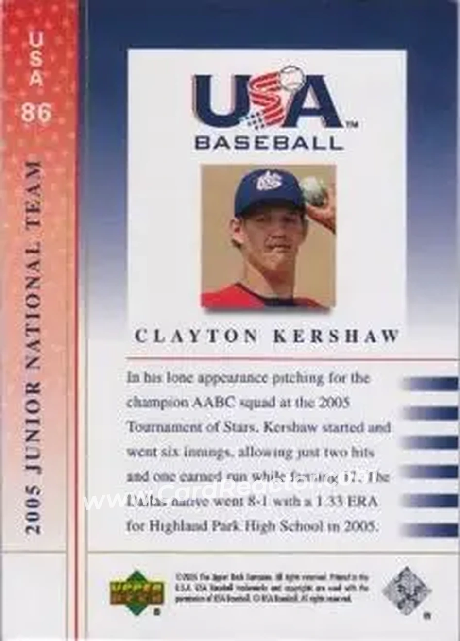 2005 Upper Deck USA Baseball Junior National Team #USA 86 - Clayton Kershaw - USA - Back
