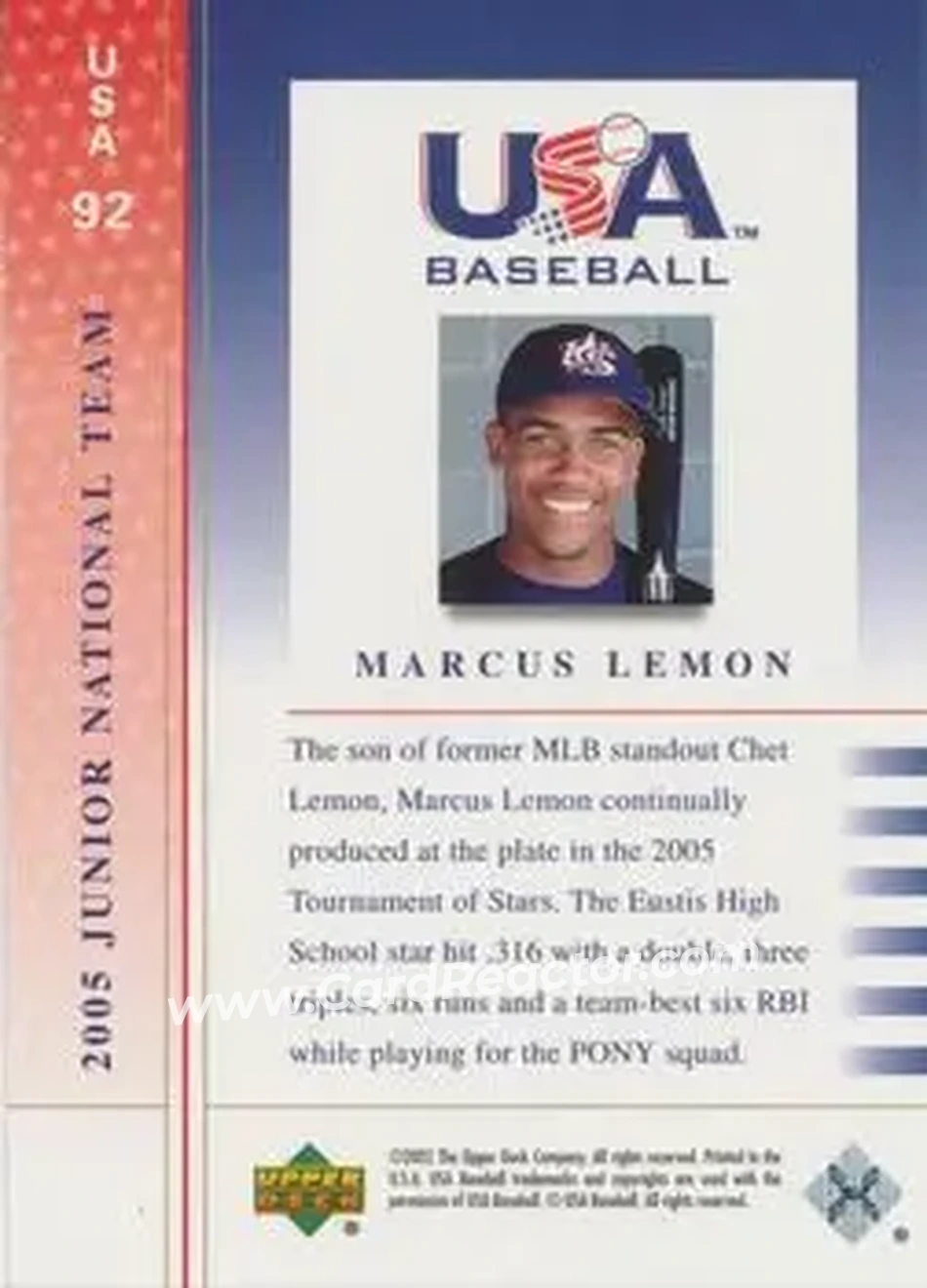 2005 Upper Deck USA Baseball Junior National Team #USA 92 - Marcus Lemon - USA - Back