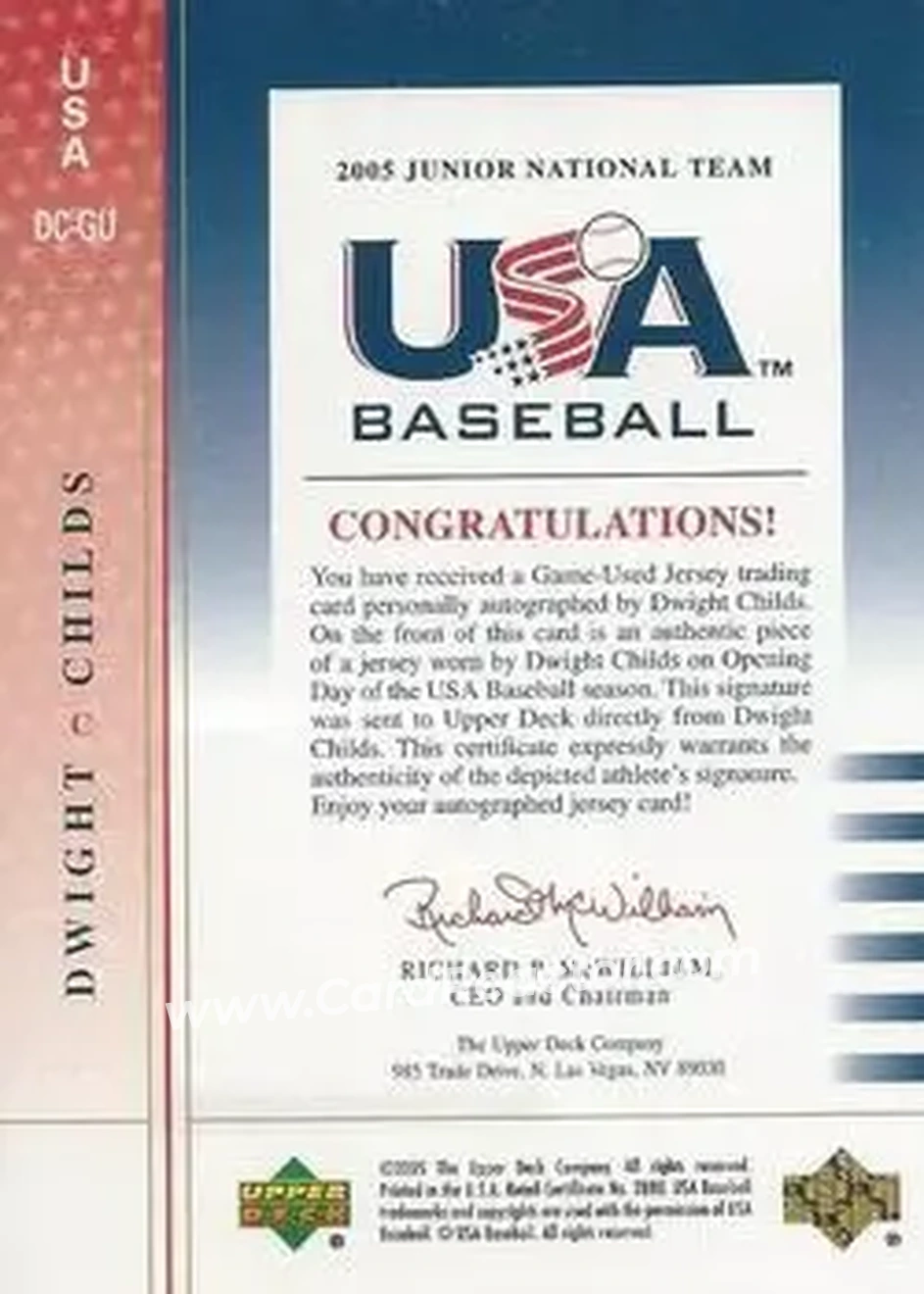 2005 Upper Deck USA Baseball Junior National Team - 2005 Junior National Team Signed Jerseys Blue Ink #USA DC-GU - Dwight Childs - USA - Back 2005 Upper Deck USA Baseball Junior National Team - 2005 Junior National Team Signed Jerseys Blue Ink #USA DC-GU - Dwight Childs - USA - Back