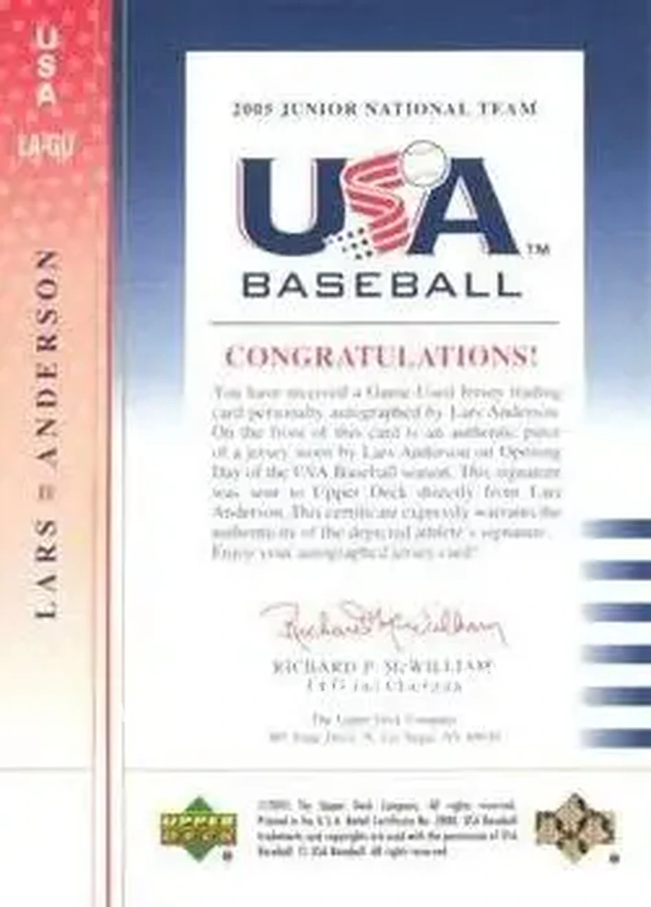 2005 Upper Deck USA Baseball Junior National Team - 2005 Junior National Team Signed Jerseys Red Ink #USA LA-GU - Lars Anderson - USA - Back 2005 Upper Deck USA Baseball Junior National Team - 2005 Junior National Team Signed Jerseys Red Ink #USA LA-GU - Lars Anderson - USA - Back
