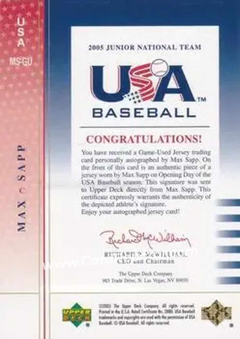 2005 Upper Deck USA Baseball Junior National Team - 2005 Junior National Team Signed Jerseys Red Ink #USA MS-GU - Max Sapp - USA - Back