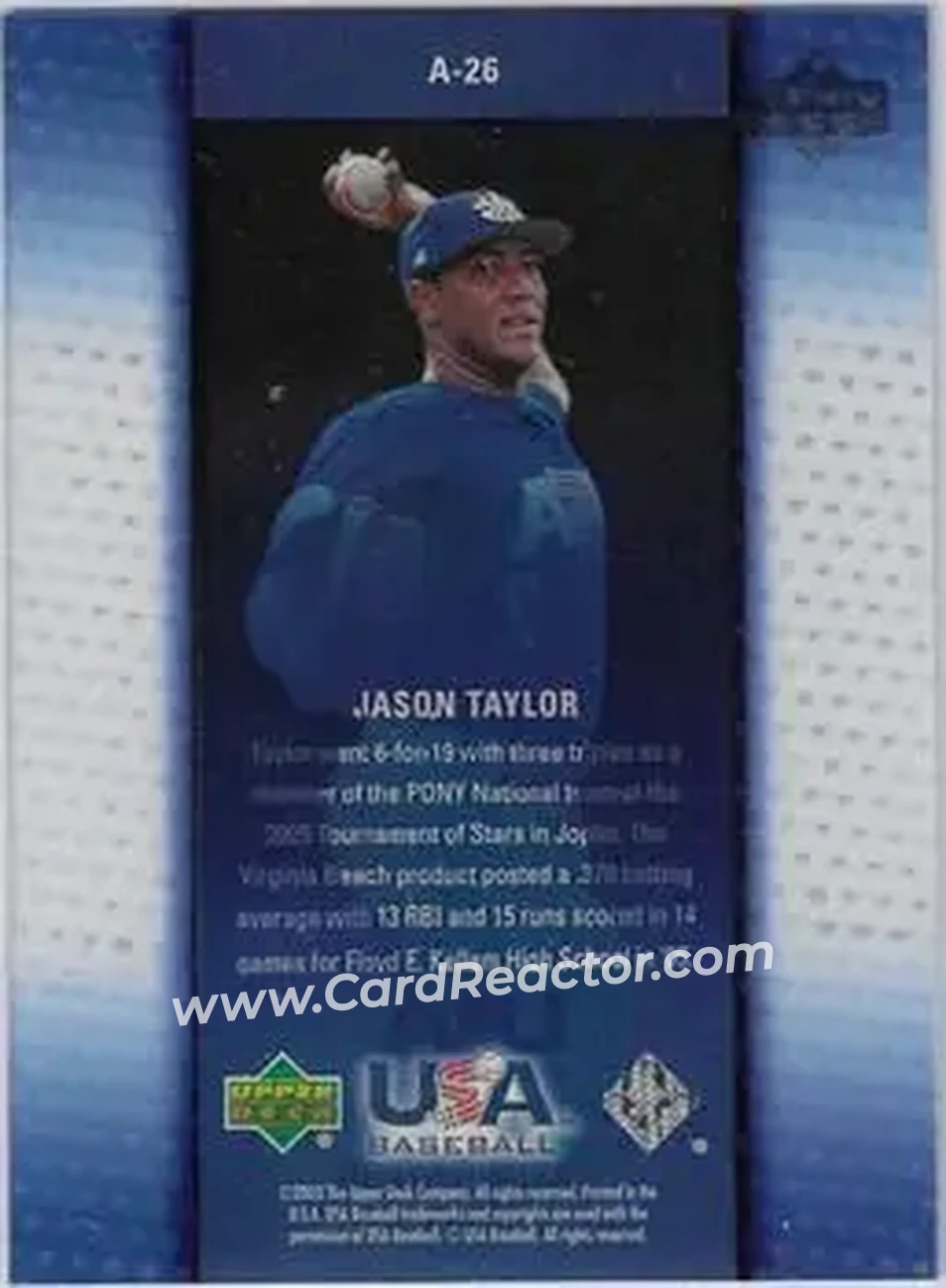 2005 Upper Deck USA Baseball Junior National Team - Vision of the Future #A-26 - Jason Taylor - USA - Back 2005 Upper Deck USA Baseball Junior National Team - Vision of the Future #A-26 - Jason Taylor - USA - Back