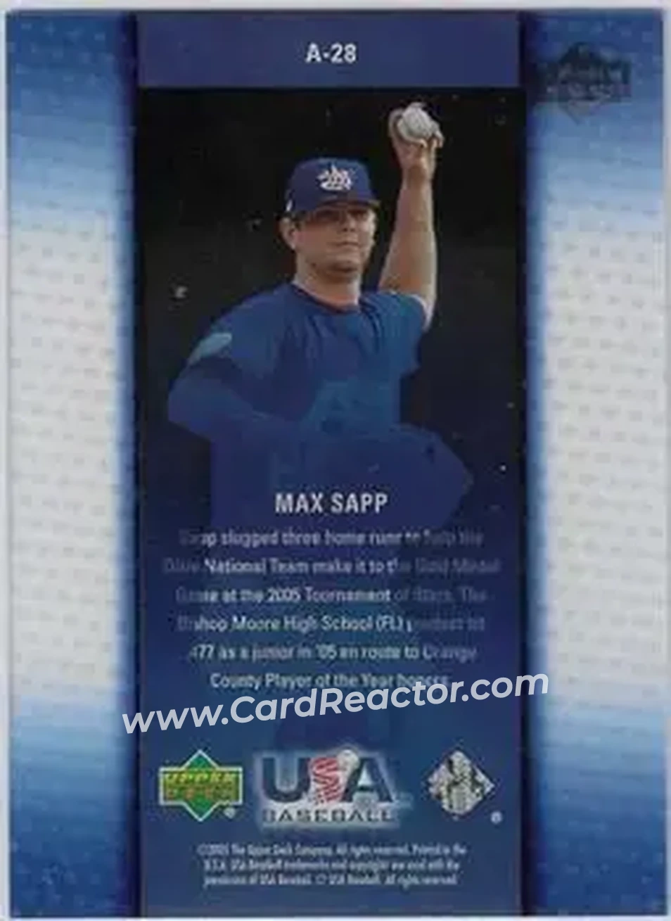 2005 Upper Deck USA Baseball Junior National Team - Vision of the Future #A-28 - Max Sapp - USA - Back 2005 Upper Deck USA Baseball Junior National Team - Vision of the Future #A-28 - Max Sapp - USA - Back