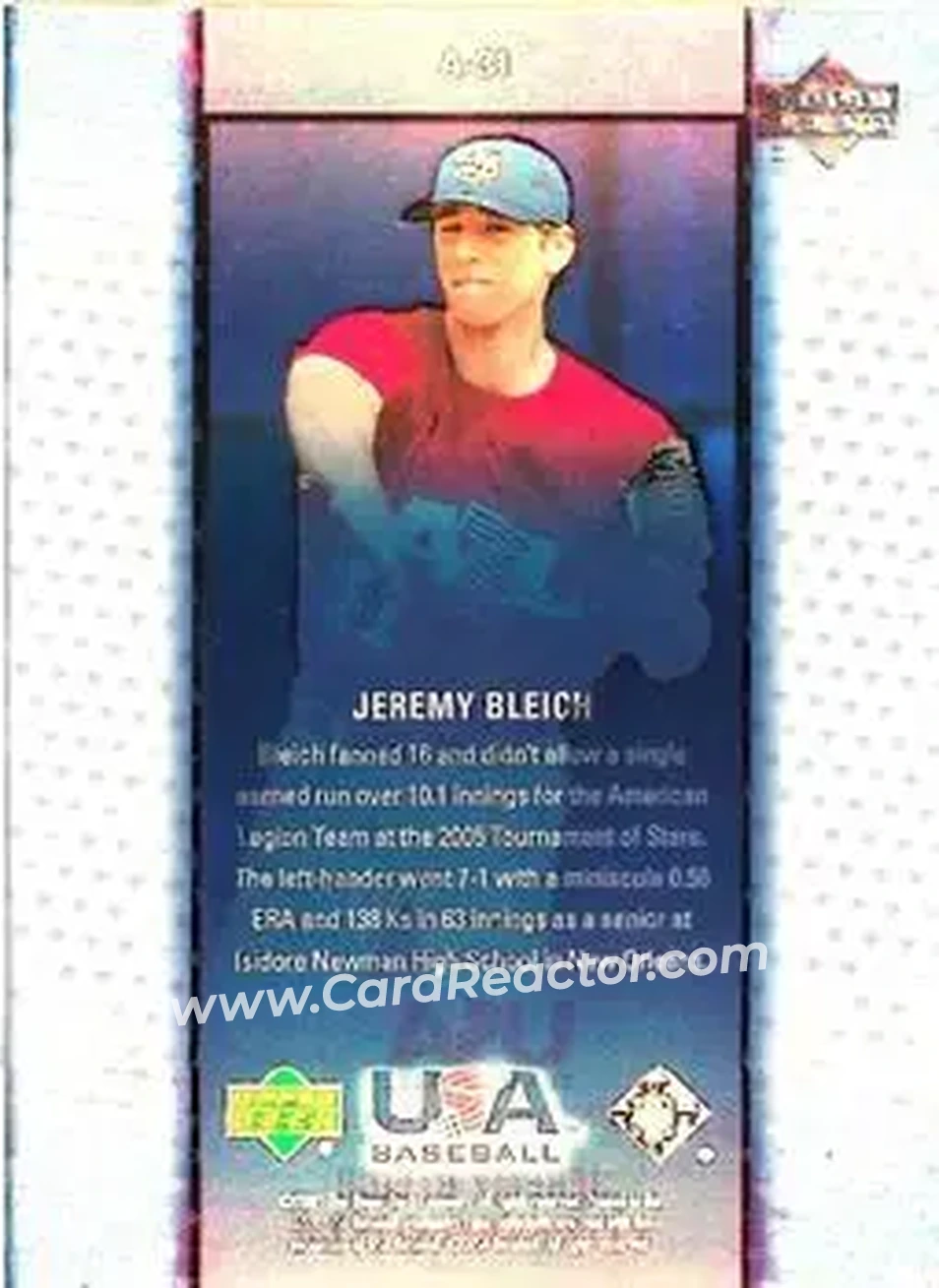 2005 Upper Deck USA Baseball Junior National Team - Vision of the Future #A-31 - Jeremy Bleich - USA - Back 2005 Upper Deck USA Baseball Junior National Team - Vision of the Future #A-31 - Jeremy Bleich - USA - Back