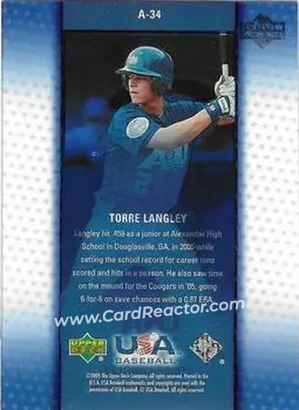 2005 Upper Deck USA Baseball Junior National Team - Vision of the Future #A-34 - Torre Langley - USA - Back 2005 Upper Deck USA Baseball Junior National Team - Vision of the Future #A-34 - Torre Langley - USA - Back