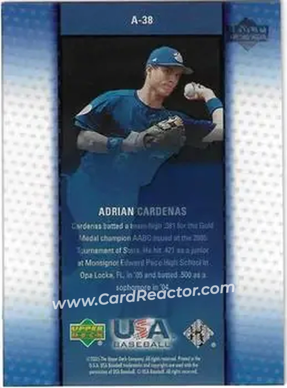 2005 Upper Deck USA Baseball Junior National Team - Vision of the Future #A-38 - Adrian Cardenas - USA - Back