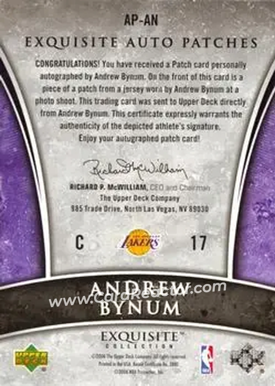 2005-06 Upper Deck Exquisite Collection - Autographs Patches #AP-AN - Andrew Bynum - Los Angeles Lakers - Back