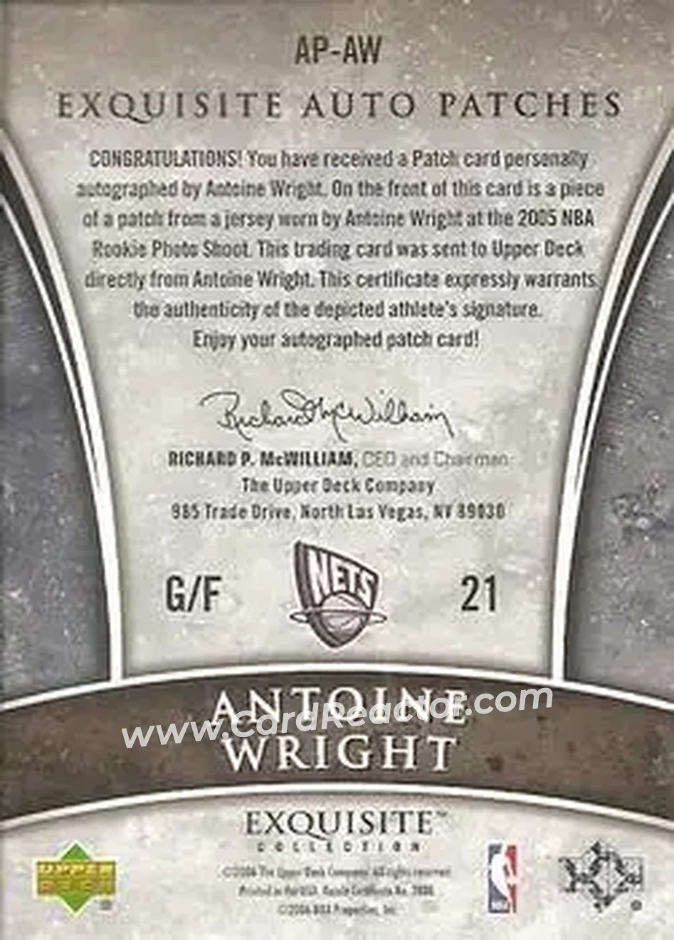 2005-06 Upper Deck Exquisite Collection - Autographs Patches #AP-AW - Antoine Wright - New Jersey Nets - Back