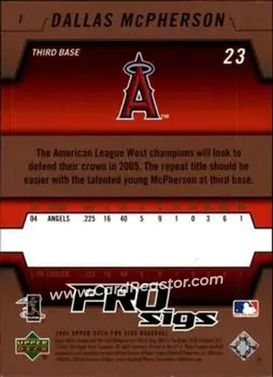 2005 Upper Deck Pro Sigs #1 - Dallas McPherson - Los Angeles Angels - Back