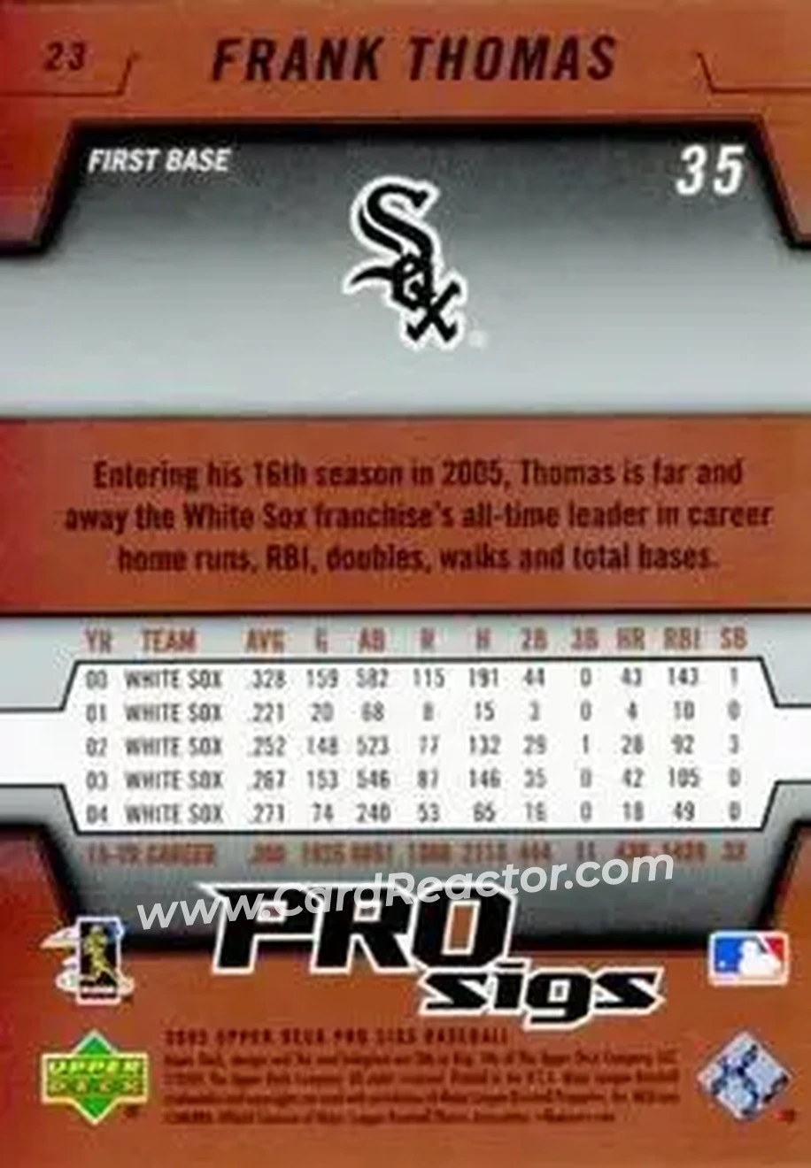 2005 Upper Deck Pro Sigs #23 - Frank Thomas - Chicago White Sox - Back