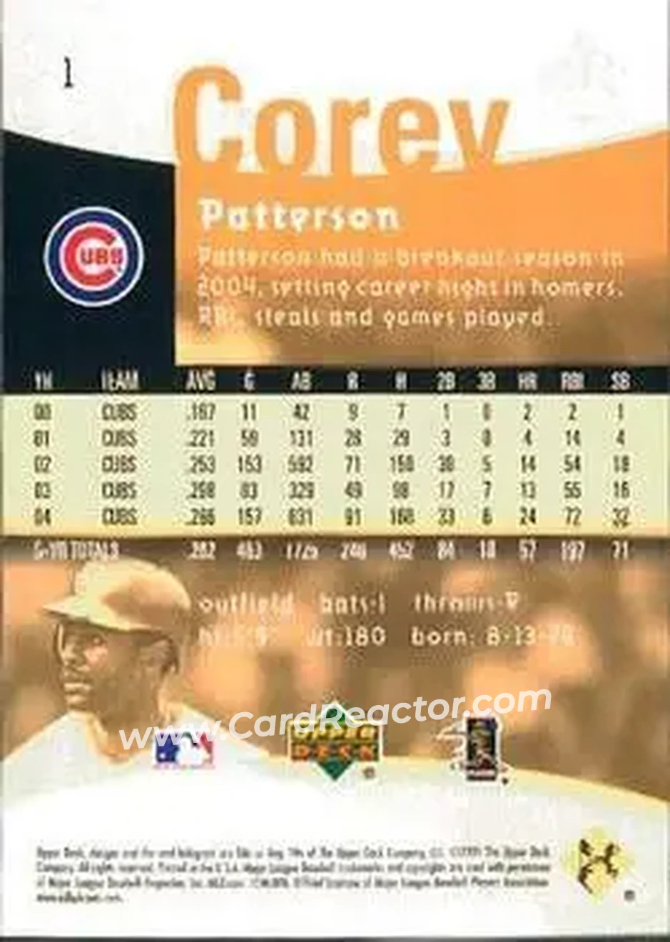 2005 Upper Deck Reflections #1 - Corey Patterson - Chicago Cubs - Back 2005 Upper Deck Reflections #1 - Corey Patterson - Chicago Cubs - Back