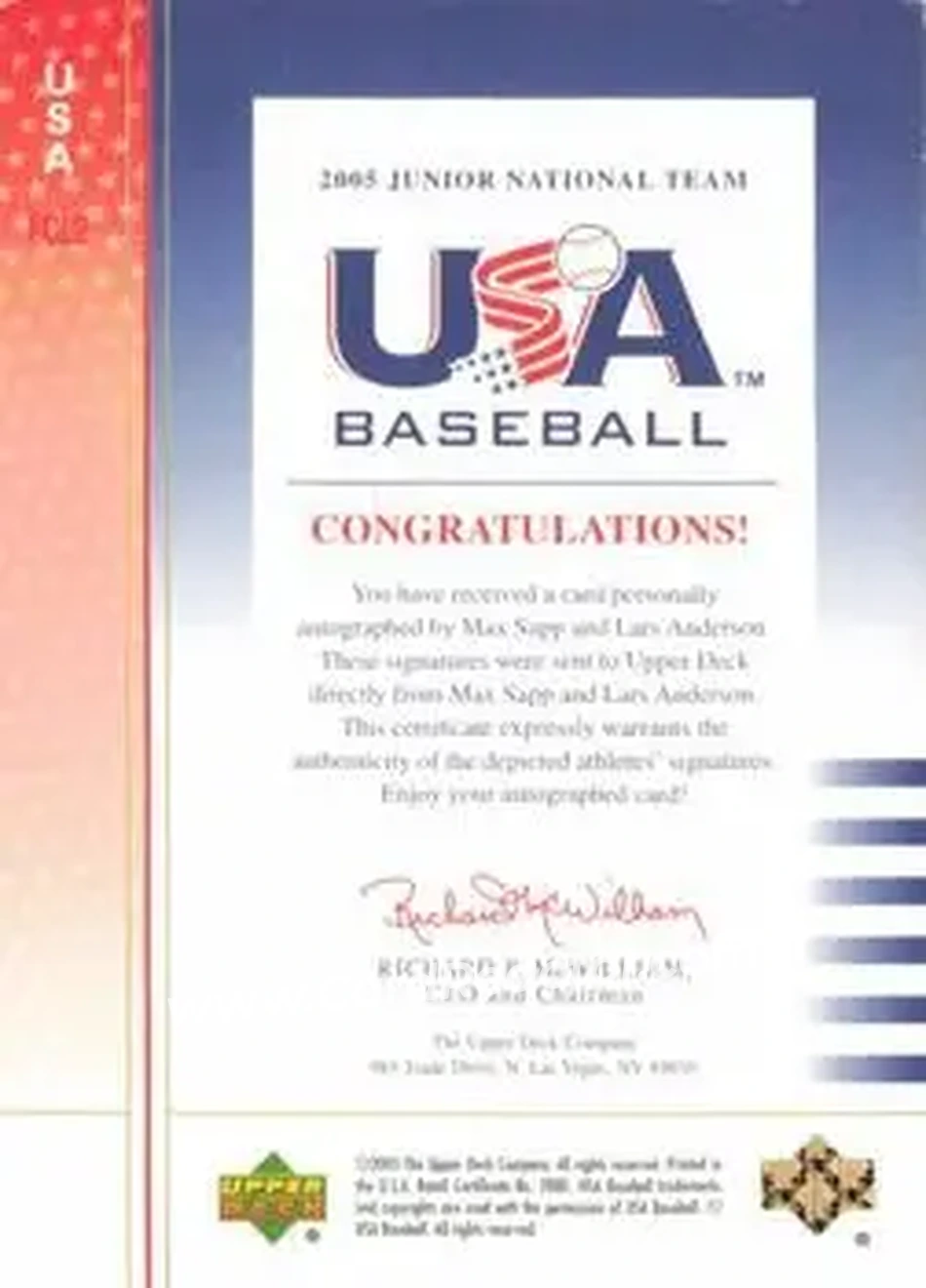 2005 Upper Deck USA Baseball Junior National Team - Future Category Leaders Dual Signature Black #USA FCL2 - Max Sapp - Lars Anderson AU, SN250 - USA - USA - Back