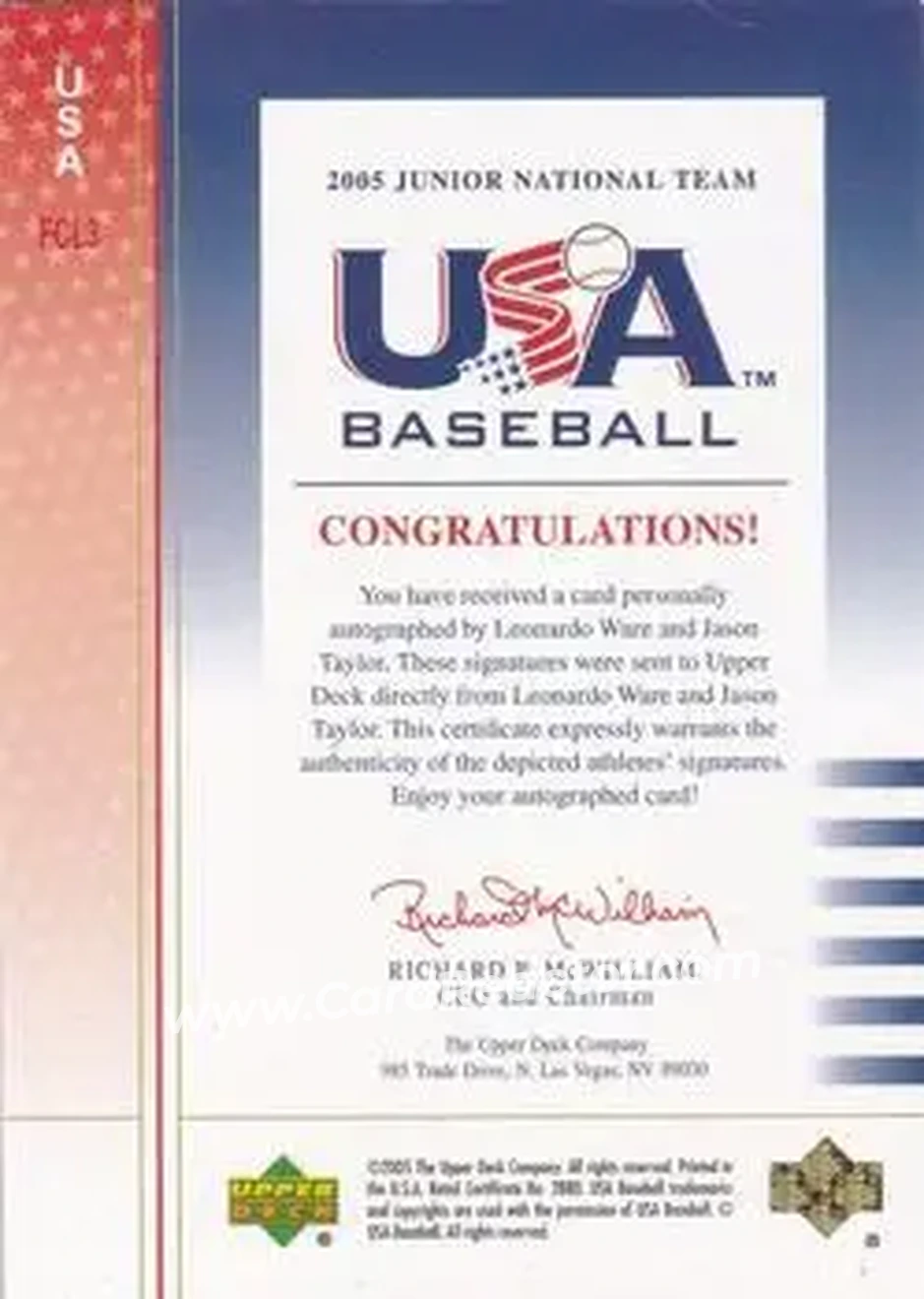 2005 Upper Deck USA Baseball Junior National Team - Future Category Leaders Dual Signature Black #USA FCL3 - Leonardo Ware - Jason Taylor AU, SN250 - USA - USA - Back