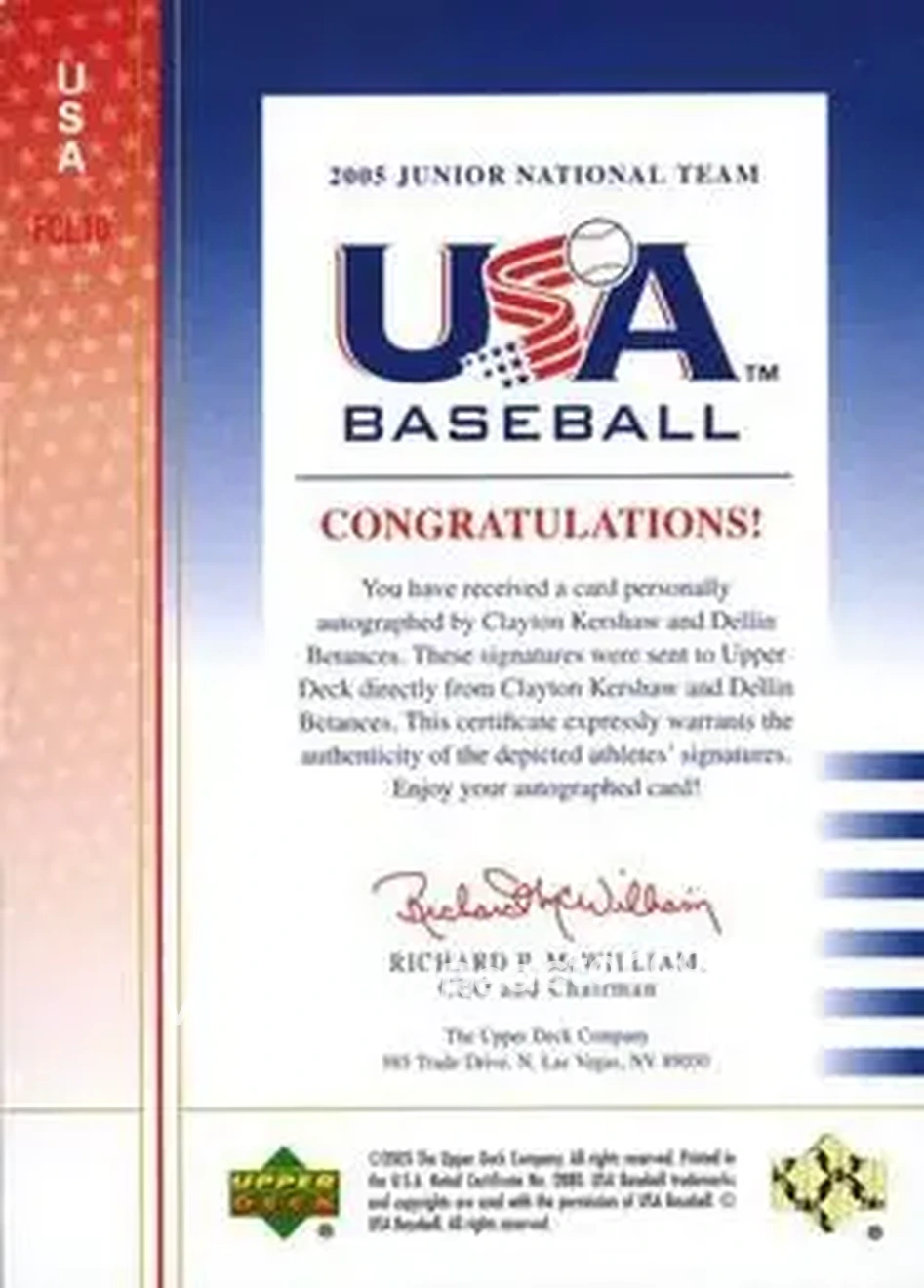 2005 Upper Deck USA Baseball Junior National Team - Future Category Leaders Dual Signature Black #USA FCL10 - Clayton Kershaw - Dellin Betances AU, SN250 - USA - USA - Back