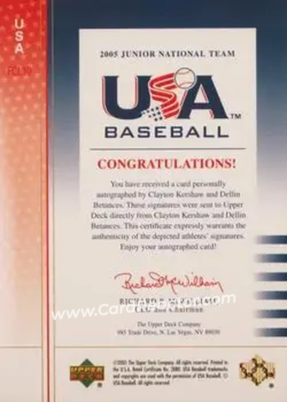 2005 Upper Deck USA Baseball Junior National Team - Future Category Leaders Dual Signature Blue #USA FCL10 - Clayton Kershaw - Dellin Betances AU, SN100 - USA - USA - Back