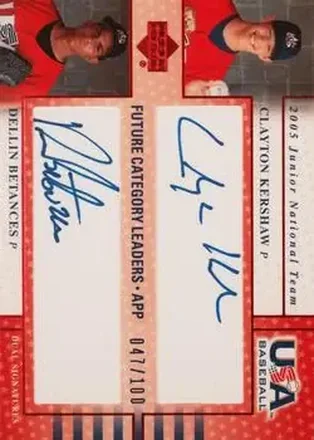 2005 Upper Deck USA Baseball Junior National Team - Future Category Leaders Dual Signature Blue #USA FCL10 - Clayton Kershaw - Dellin Betances AU, SN100 - USA - USA