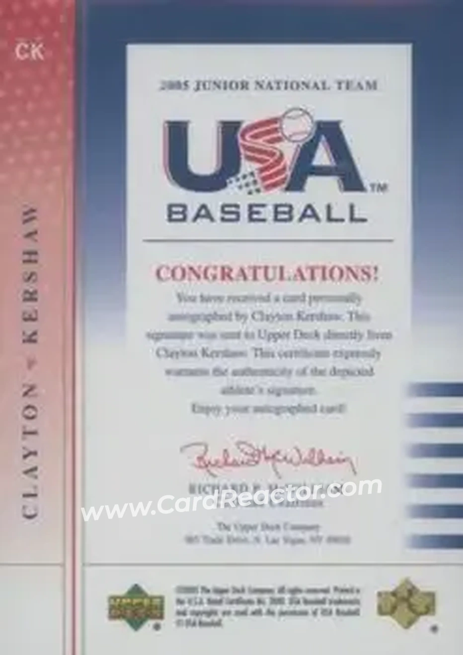 2005 Upper Deck USA Baseball Junior National Team - 2005 Junior National Team Signatures Black Ink #CK - Clayton Kershaw - USA - Back