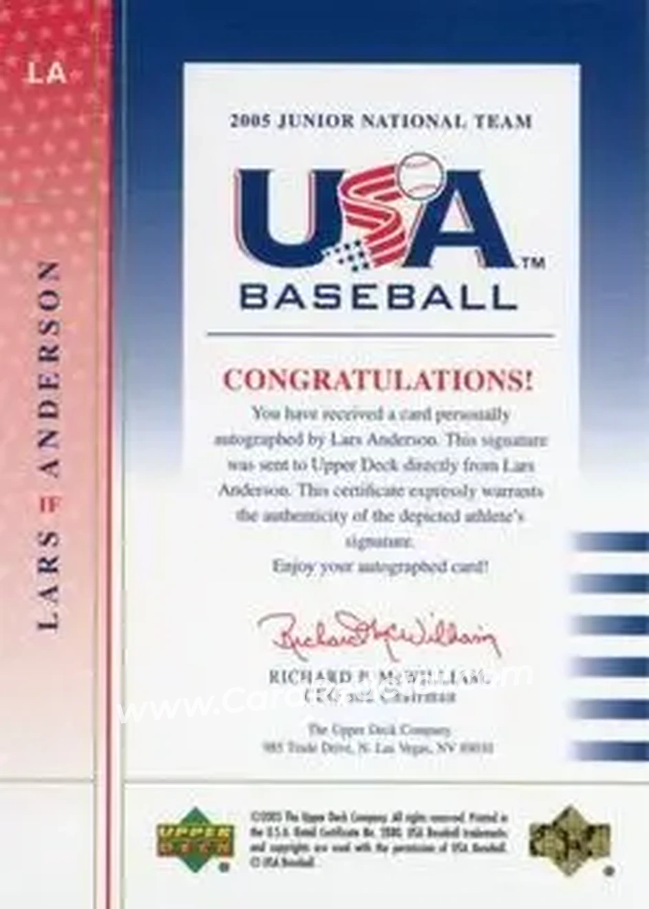 2005 Upper Deck USA Baseball Junior National Team - 2005 Junior National Team Signatures Black Ink #LA - Lars Anderson - USA - Back 2005 Upper Deck USA Baseball Junior National Team - 2005 Junior National Team Signatures Black Ink #LA - Lars Anderson - USA - Back