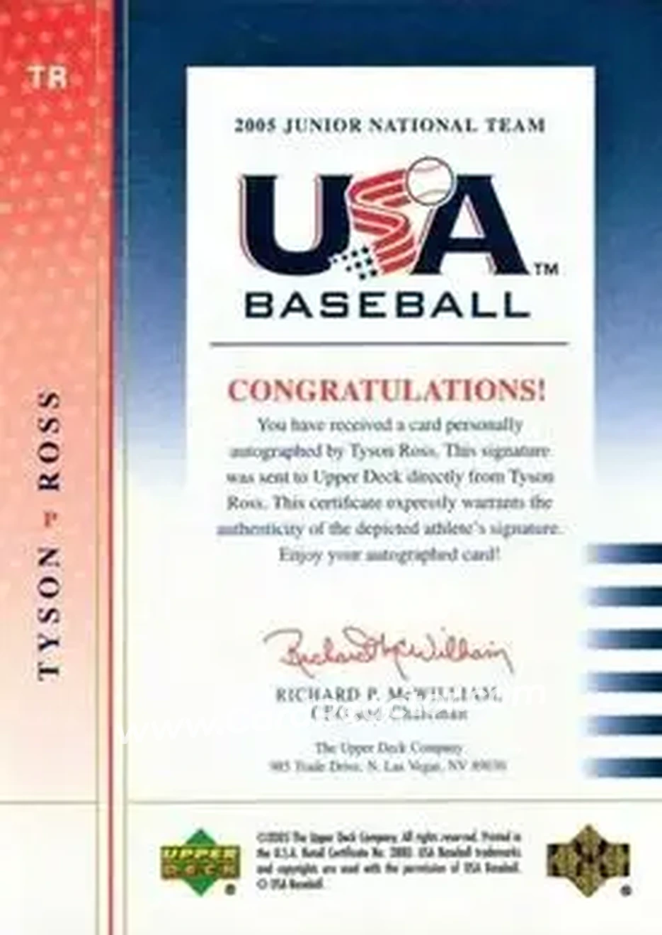 2005 Upper Deck USA Baseball Junior National Team - 2005 Junior National Team Signatures Black Ink #TR - Tyson Ross - USA - Back 2005 Upper Deck USA Baseball Junior National Team - 2005 Junior National Team Signatures Black Ink #TR - Tyson Ross - USA - Back