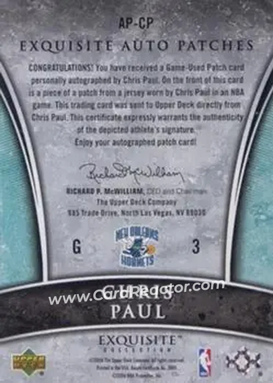 2005-06 Upper Deck Exquisite Collection - Autographs Patches #AP-CP - Chris Paul - New Orleans Hornets - Back