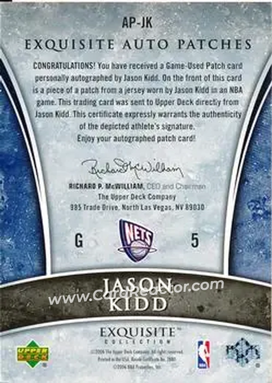 2005-06 Upper Deck Exquisite Collection - Autographs Patches #AP-JK - Jason Kidd - New Jersey Nets - Back