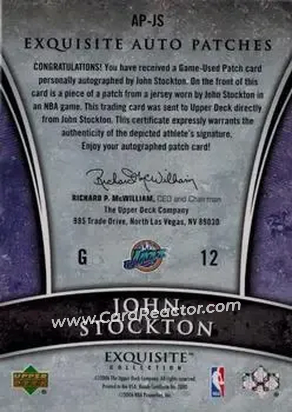 2005-06 Upper Deck Exquisite Collection - Autographs Patches #AP-JS - John Stockton - Utah Jazz - Back 2005-06 Upper Deck Exquisite Collection - Autographs Patches #AP-JS - John Stockton - Utah Jazz - Back