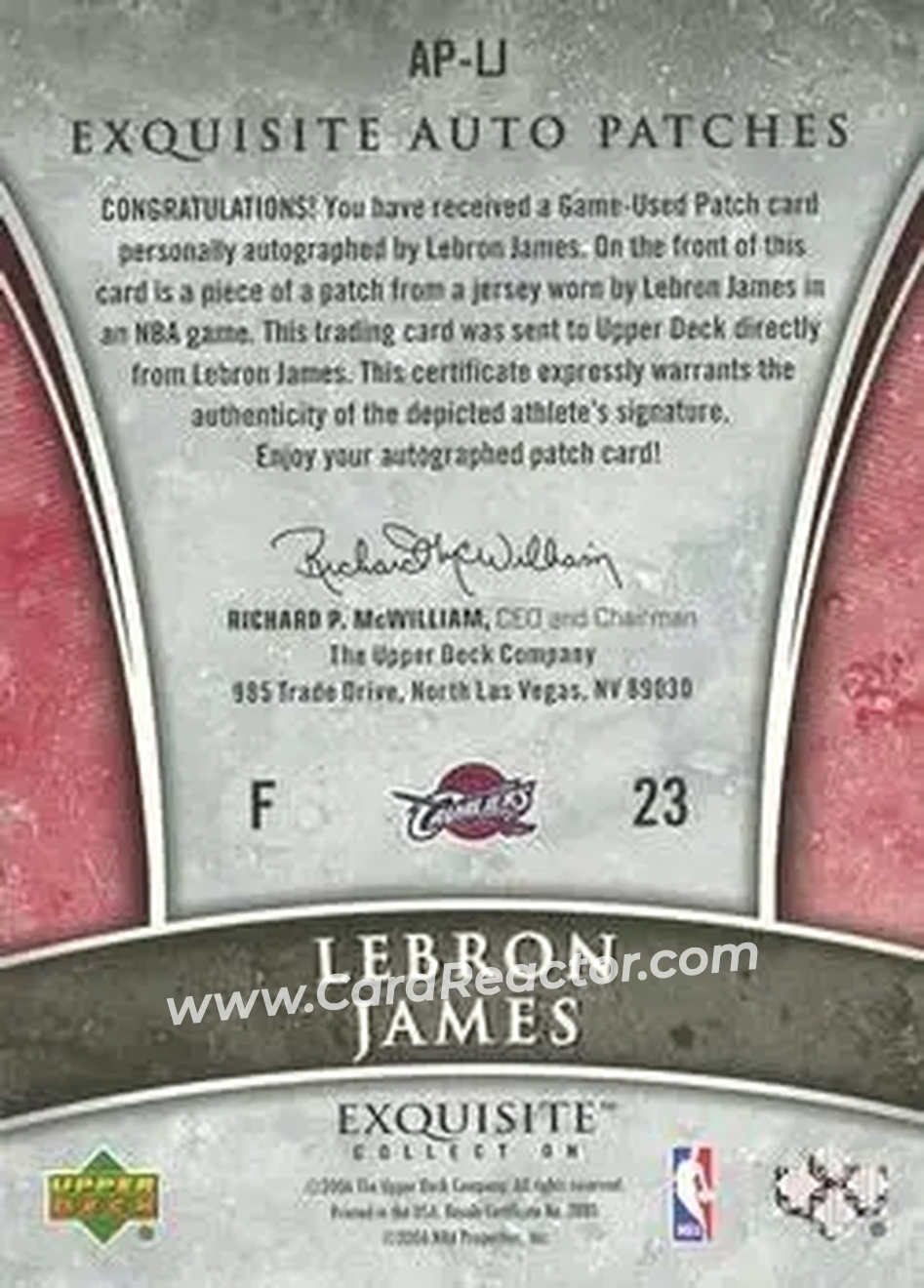 2005-06 Upper Deck Exquisite Collection - Autographs Patches #AP-LJ - LeBron James - Cleveland Cavaliers - Back 2005-06 Upper Deck Exquisite Collection - Autographs Patches #AP-LJ - LeBron James - Cleveland Cavaliers - Back