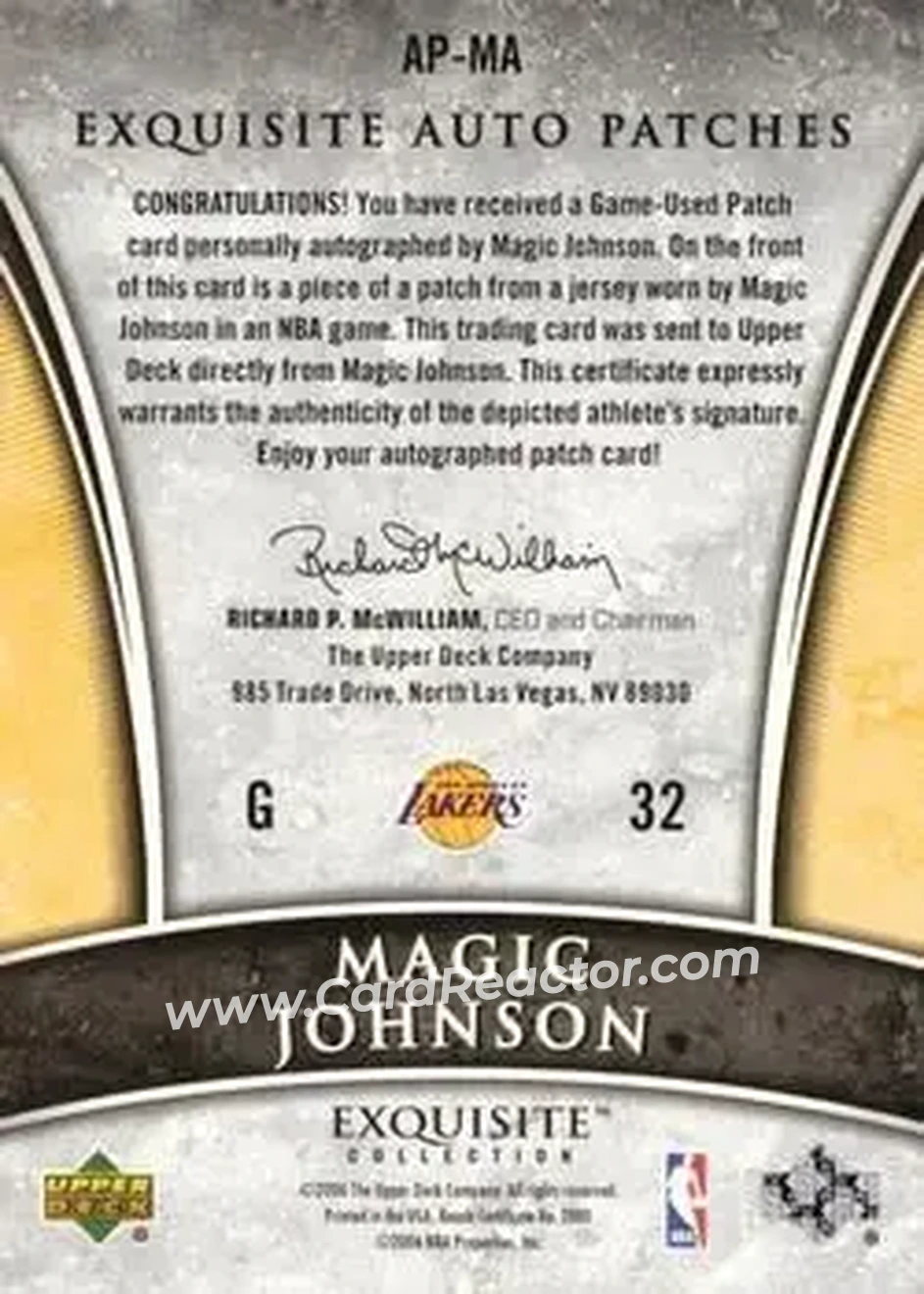2005-06 Upper Deck Exquisite Collection - Autographs Patches #AP-MA - Magic Johnson - Los Angeles Lakers - Back