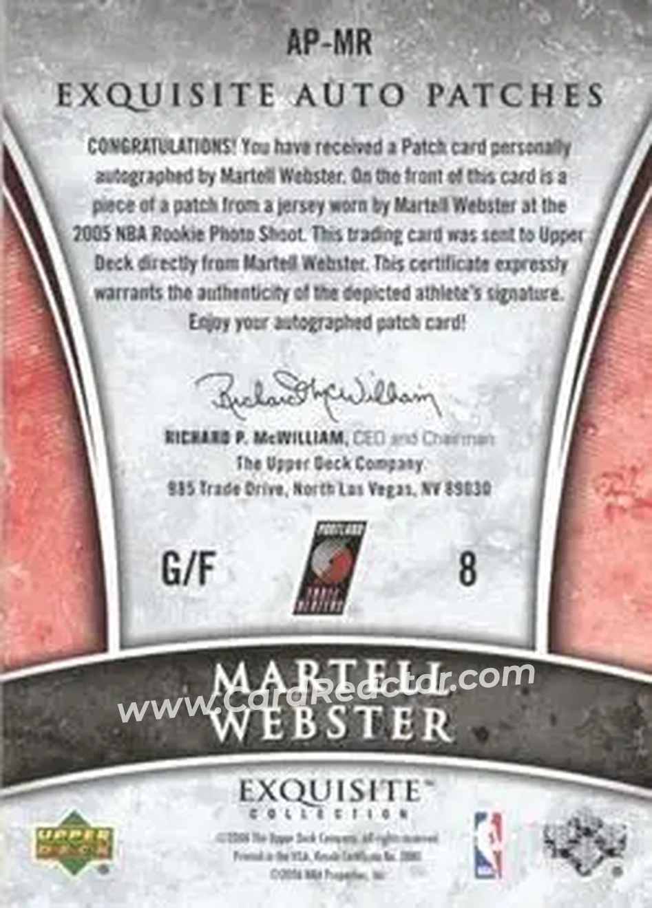 2005-06 Upper Deck Exquisite Collection - Autographs Patches #AP-MR - Martell Webster - Portland Trail Blazers - Back