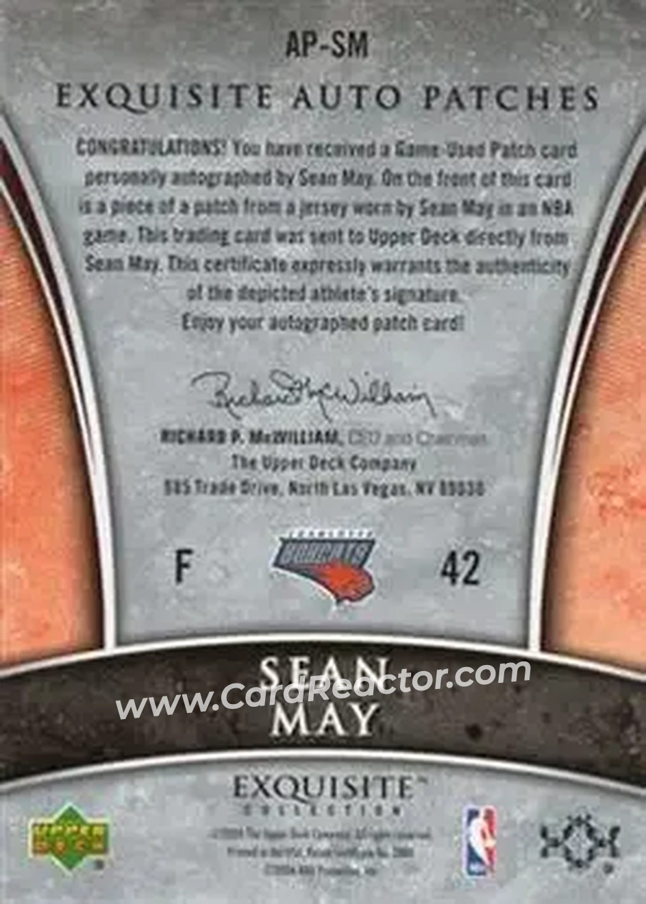 2005-06 Upper Deck Exquisite Collection - Autographs Patches #AP-SM - Sean May - Charlotte Bobcats - Back 2005-06 Upper Deck Exquisite Collection - Autographs Patches #AP-SM - Sean May - Charlotte Bobcats - Back